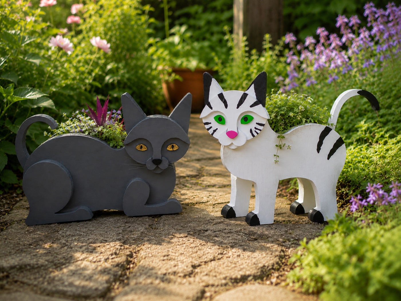 Handmade wooden cat planters — a crouching gray cat and a standing white tabby — on a garden path