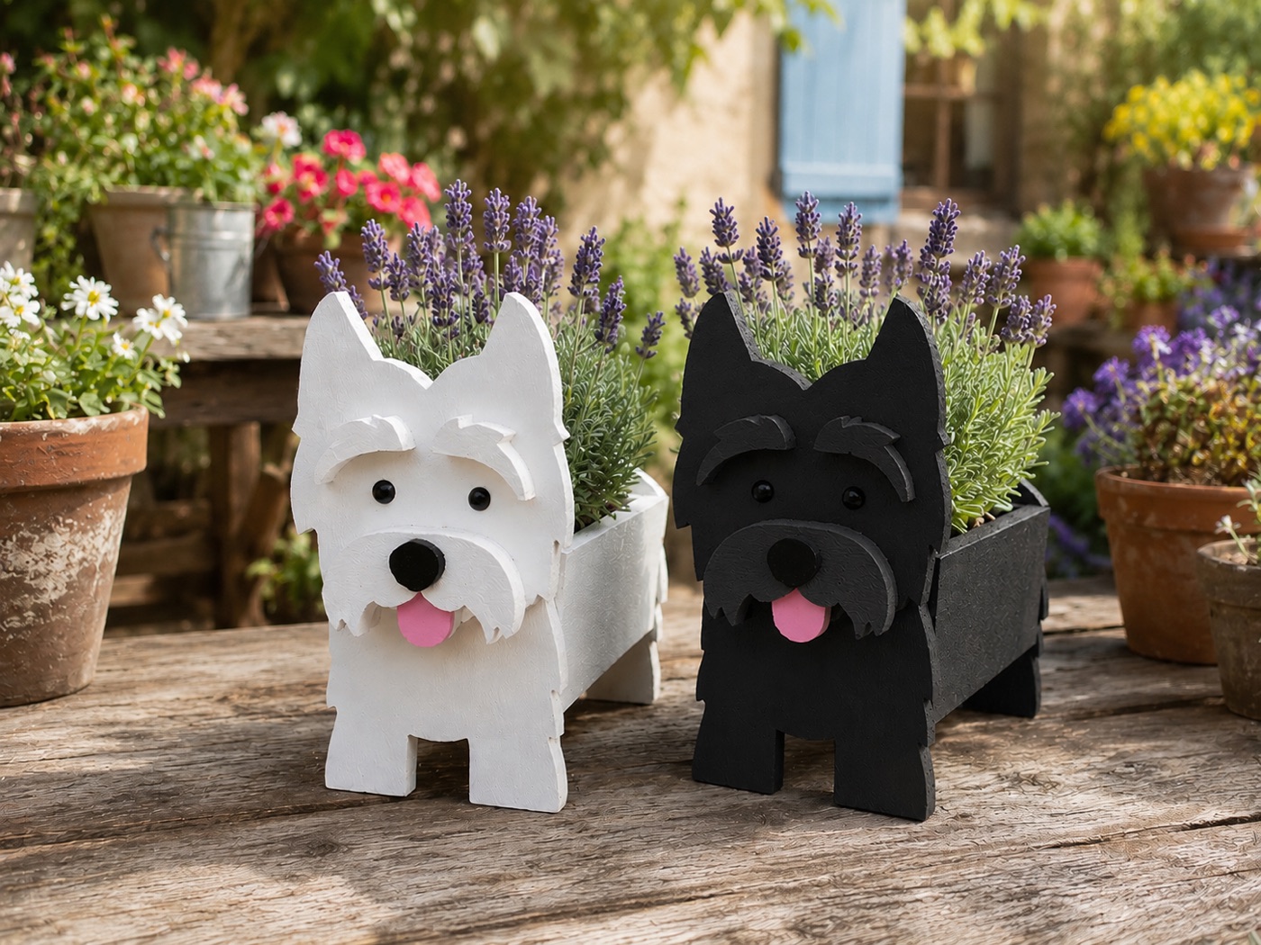 White and black West Highland-style dog wooden planters filled with lavender