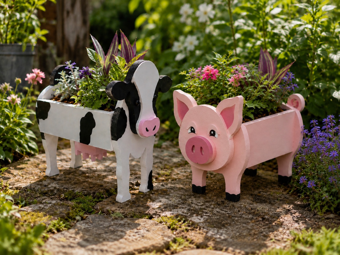 Handmade wooden farm animal planters — a black and white cow and a pink pig — filled with flowers in a garden