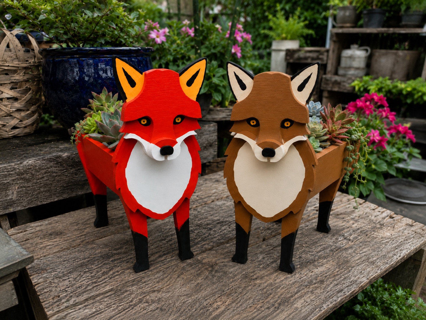 Red and brown handmade fox planters filled with succulents