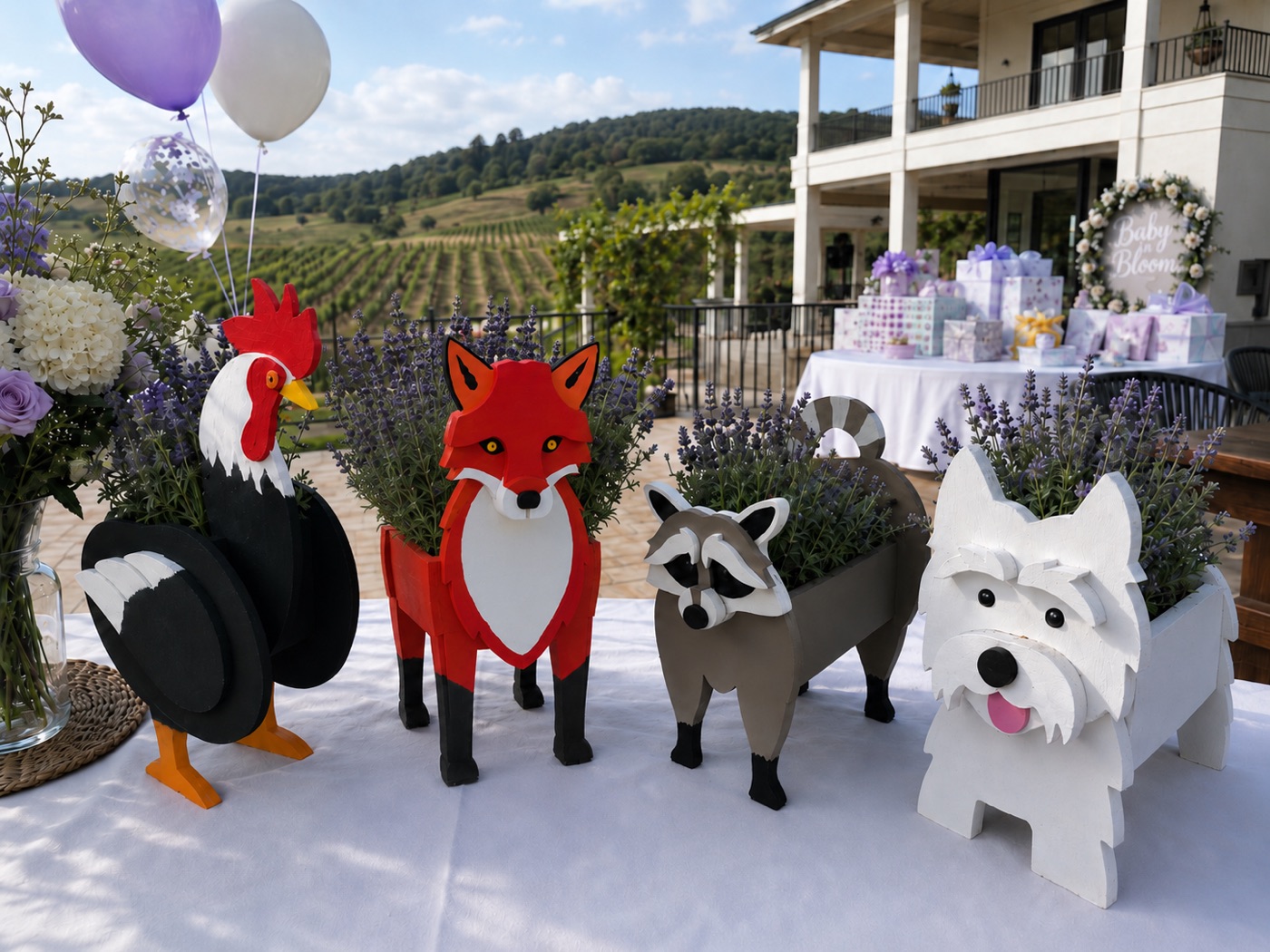 SKACRAFT animal planters as event decor at a vineyard baby shower