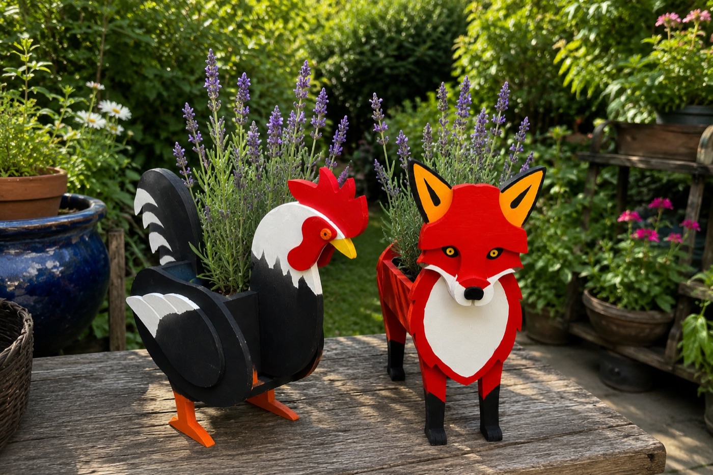 Handmade wooden planters — a black and white rooster and a red fox, both planted with lavender — on a garden table