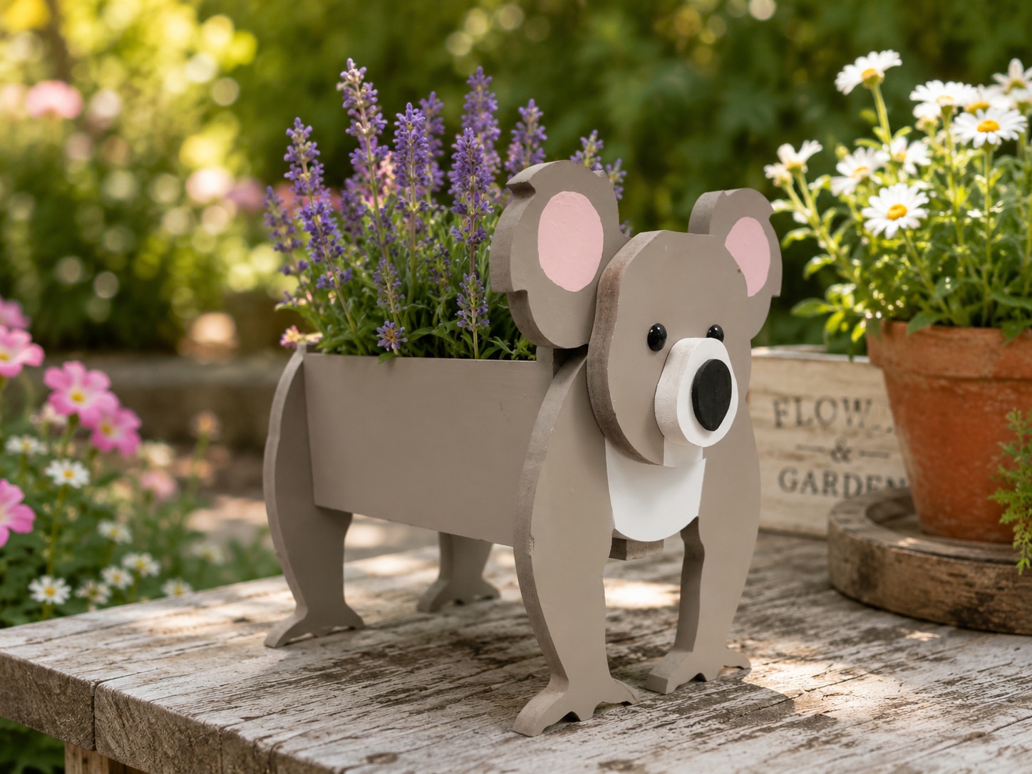 Handmade koala wooden planter with lavender on a garden table