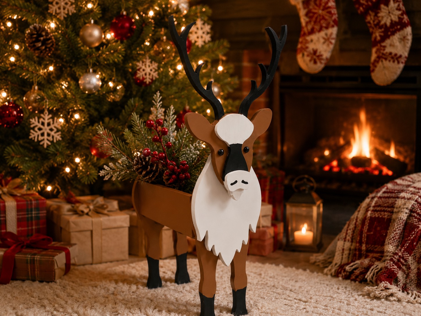 Handmade reindeer wooden planter beside a Christmas tree and fireplace