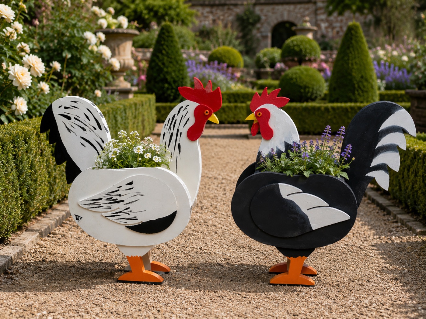 Two handmade rooster planters — one white with a black tail, one black with white markings — filled with flowers in a garden