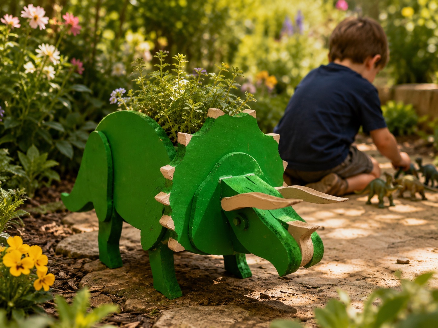 Handmade green triceratops wooden planter in a sunny backyard garden